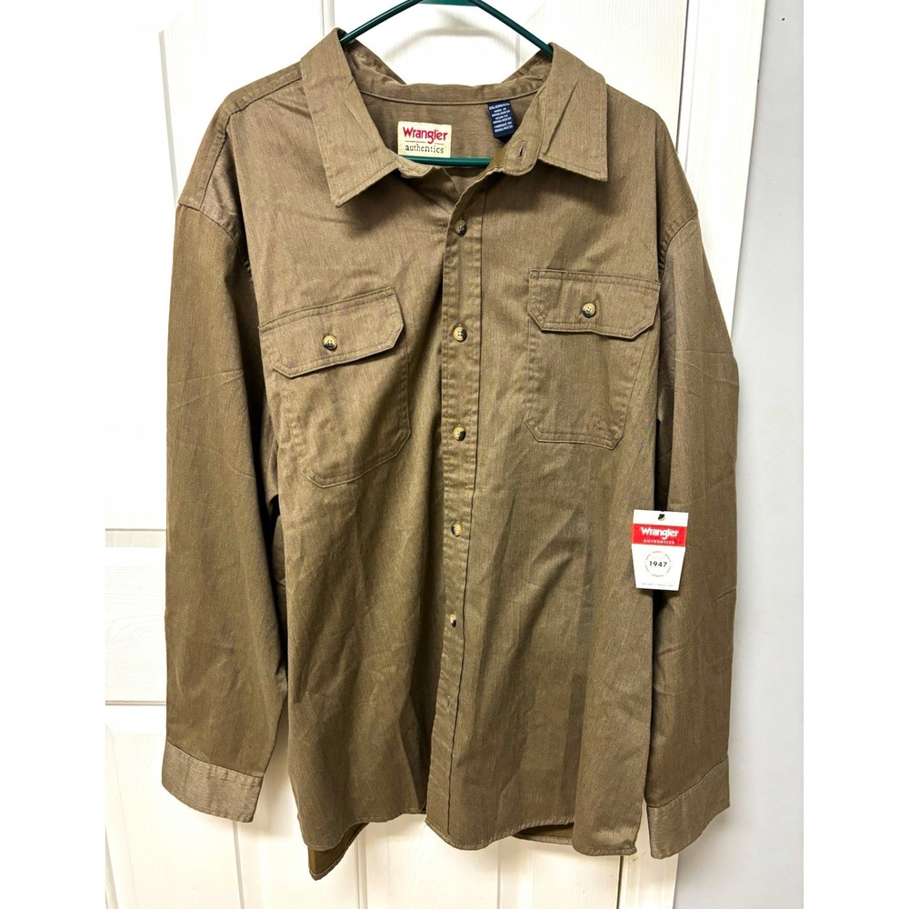 Wrangler Authentics Mens Brown Cotton Twill Long Sleeve Button Up Shirt 2XL NWT